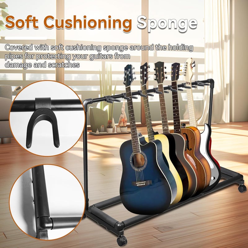 Azor 7 Multi Guitar Stand Rack with Wheels, Folding Design 7 Holder Guitar Rack for Acoustic Electric Guitar, Bass, Soft Cushioning Sponge Protects Your Instruments - Image 4
